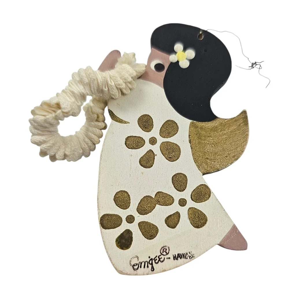 Vintage Emgee Hawaii Wooden Angel Ornament Hand Painted Gold Glitter Lei 4 inch